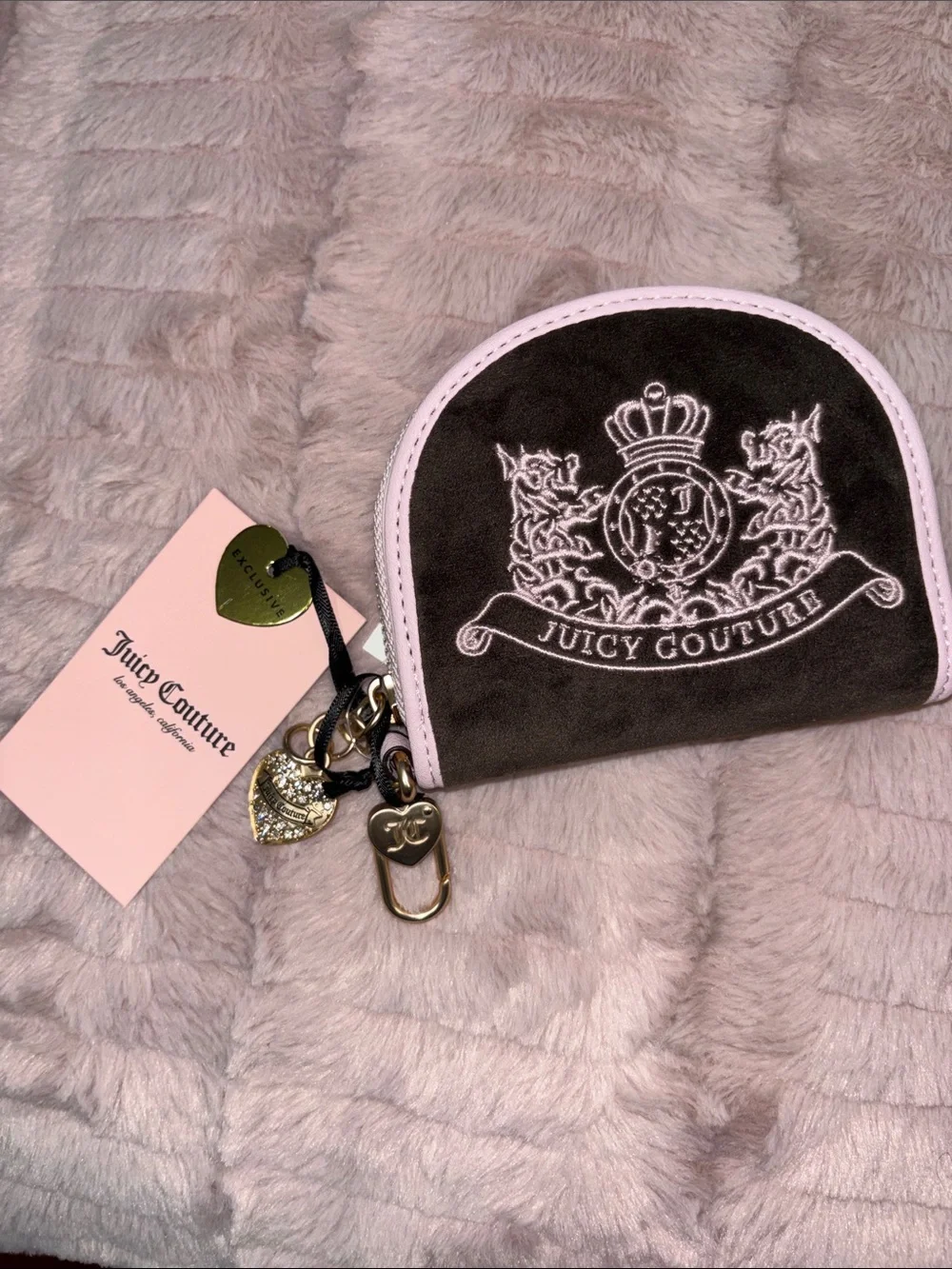 Juicy Couture Brown Velvet Coin Pouch with Pink Trim and Gold Charms